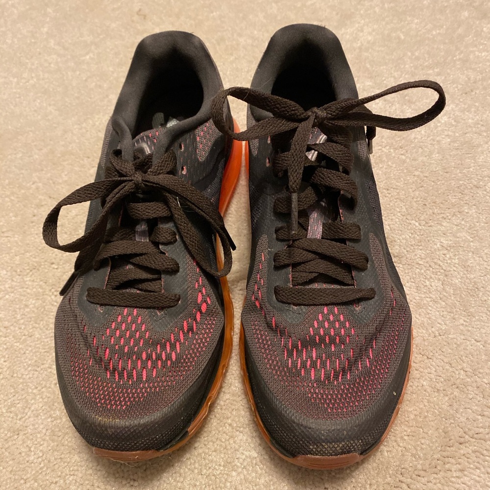 Gray and pink Nike Air Max athletic shoes